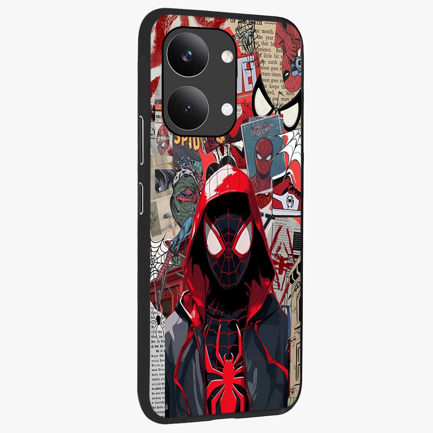 Spider Collage Street Glass Case upright view showcasing bold superhero artwork with urban street theme.