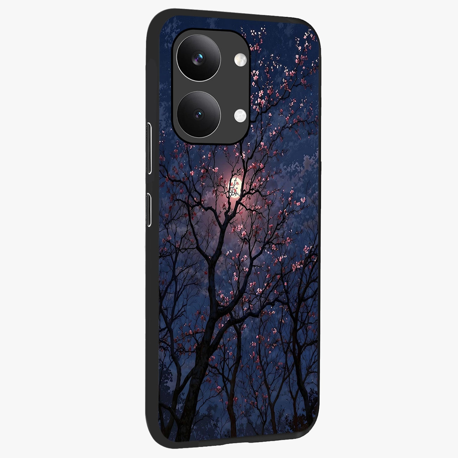 Twilight Sakura Serenade Glass Case upright view showcasing beautiful cherry blossom artwork with serene evening theme.