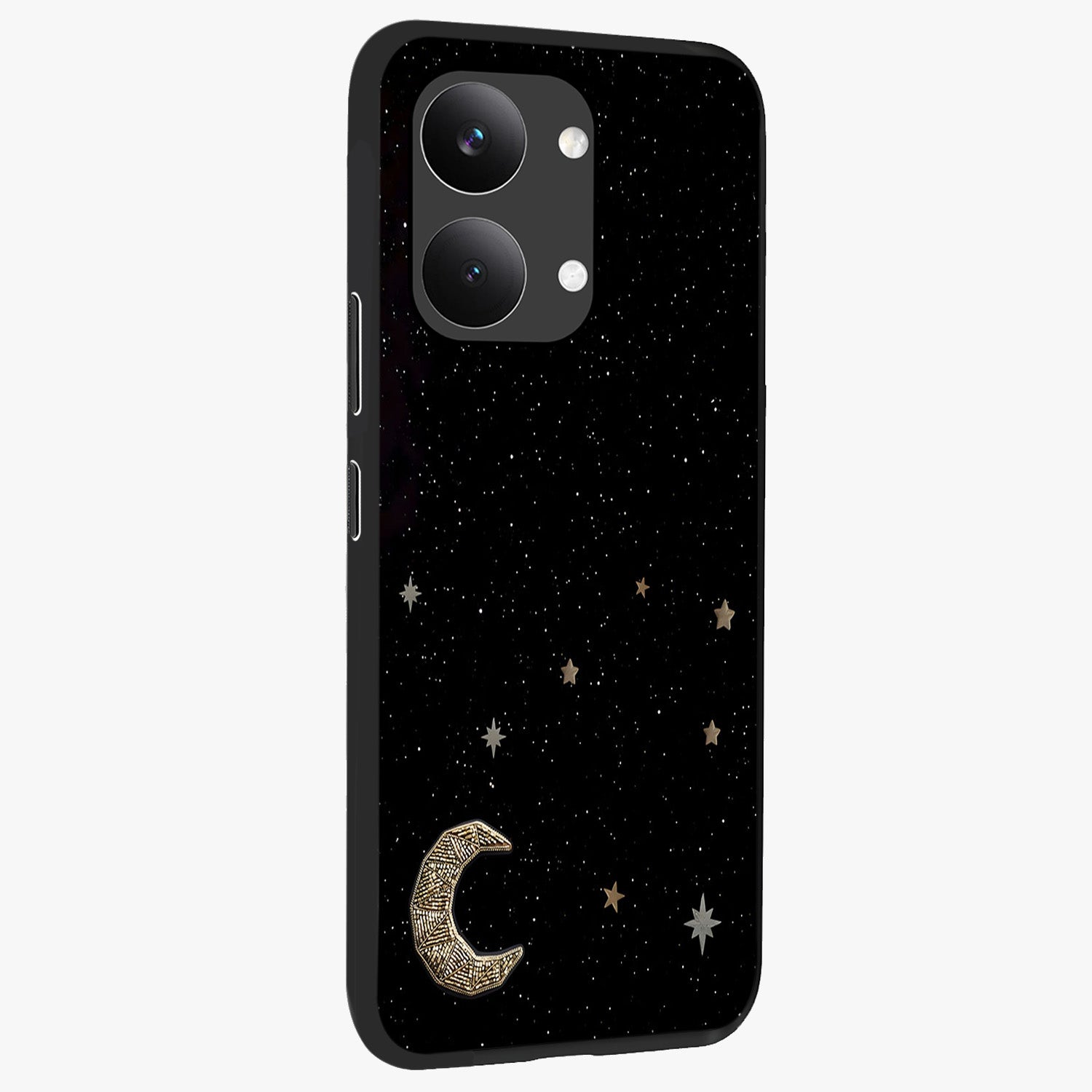 Twinkle Star With Half Moon Glass Case upright view showcasing glowing cosmic artwork with dreamy night theme.
