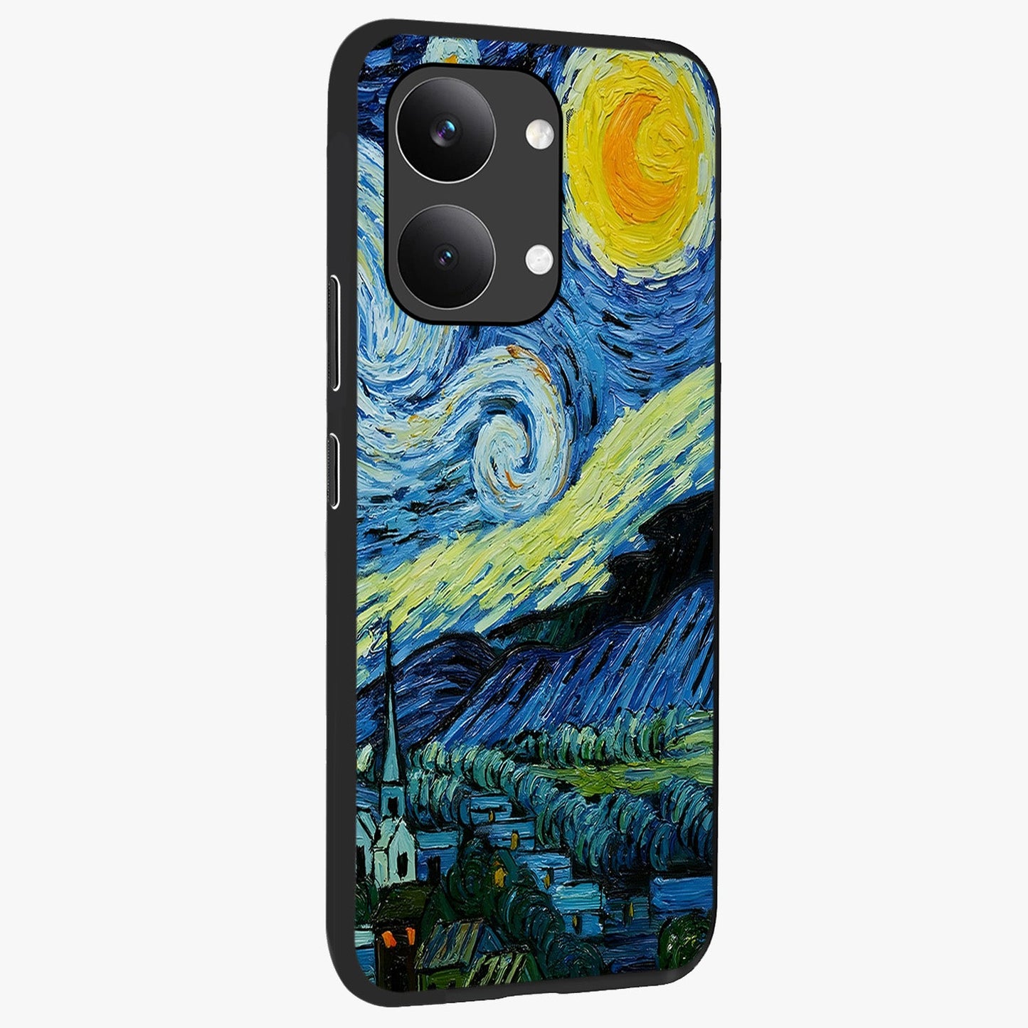 Van Gogh Art Glass Case upright view showcasing expressive painting style artwork with timeless artistic theme.