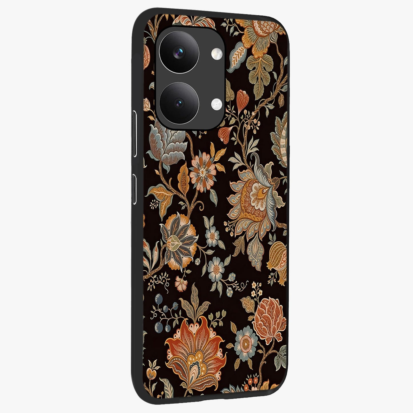Vintage Floral Dream Glass Case upright view showcasing delicate floral artwork with timeless vintage theme.