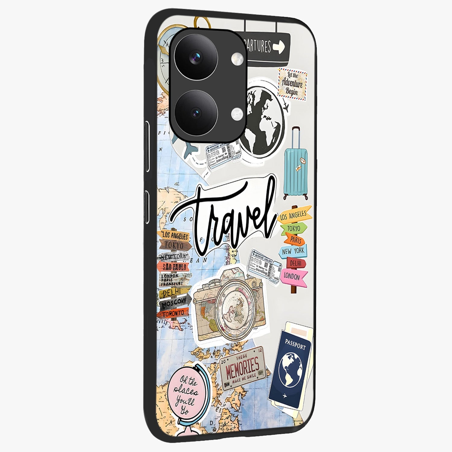 Wanderlust Journal Glass Case upright view showcasing wanderlust inspired artwork with creative exploration theme.