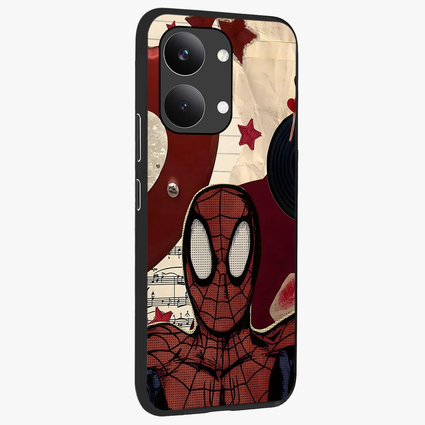 Web Warrior Vibes Glass Case upright view showcasing energetic superhero artwork with bold action theme.