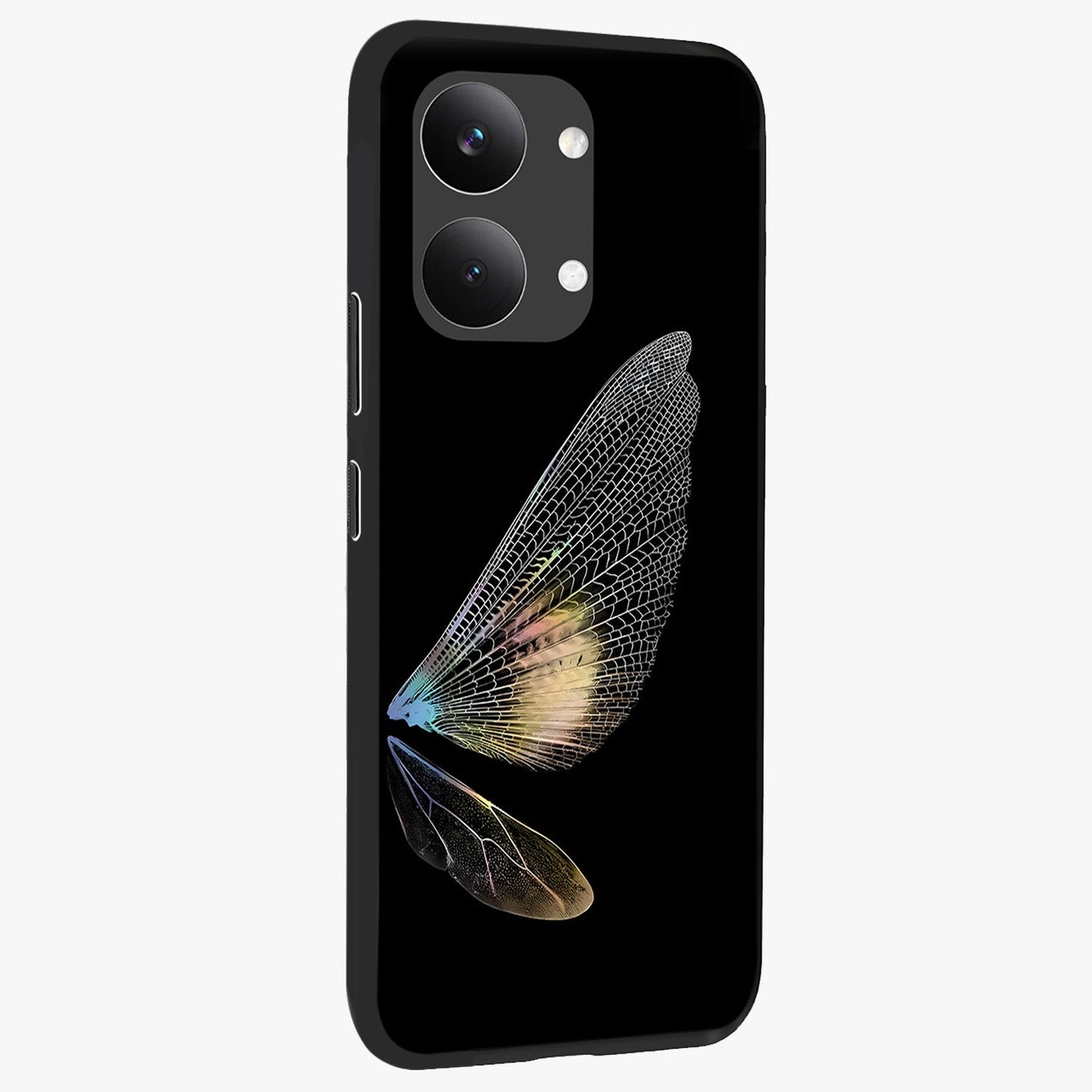 Whispers Of Wings Glass Case upright view showcasing elegant wing artwork with light airy theme.