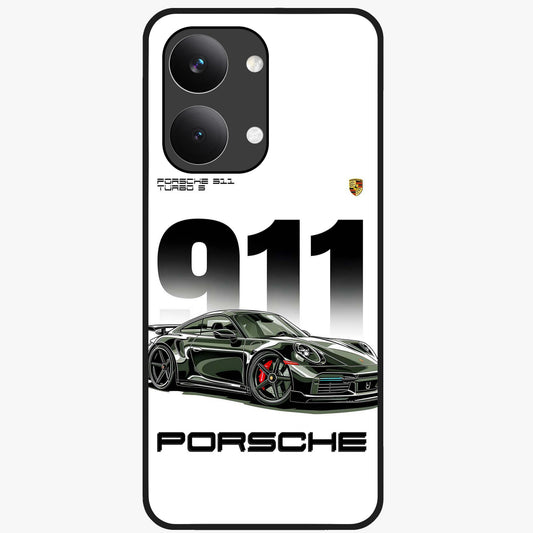 911 Turbo Dominance Glass Case showing clean flat back view with bold 911 sports car artwork and glossy glass finish.