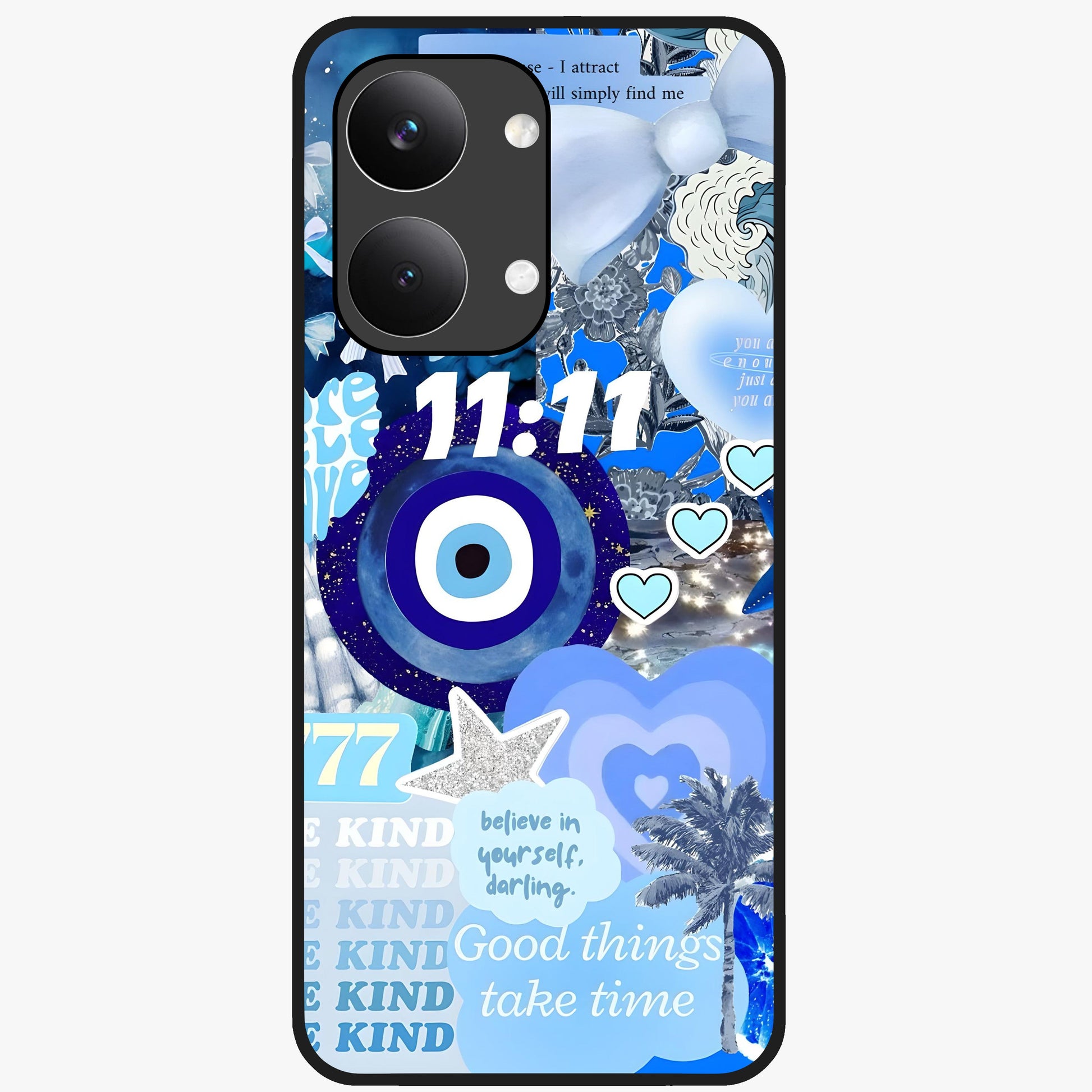 Aesthetic Be Kind Eye Glass Case showing flat back view with motivational eye artwork and glossy glass finish.