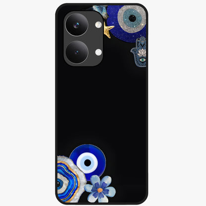 Aesthetic Blue Evil Eye Glass Case showing flat back view with protective evil eye artwork and glossy glass finish.