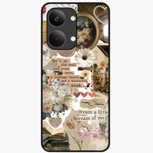Aesthetic Brown Vintage Collage Glass Case showing flat back view with retro collage artwork and glossy glass finish.