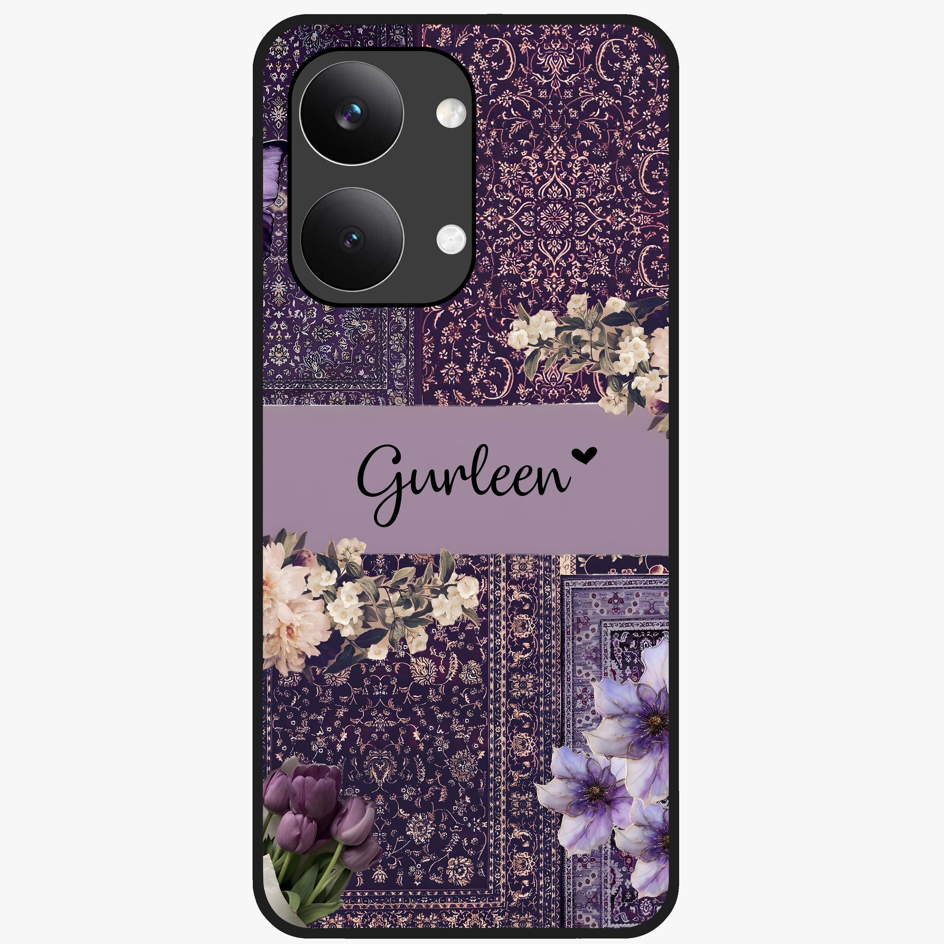 Antique Floral Whisper Custom Name Glass Case showing flat back view with vintage floral artwork and personalized name design.