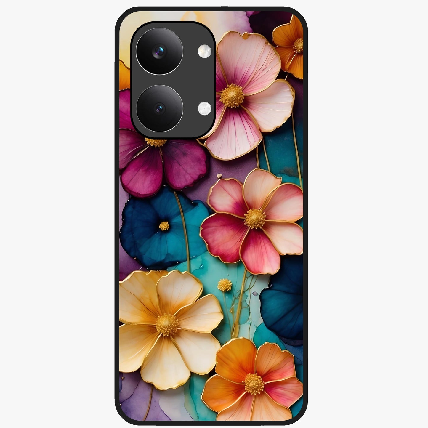 Artlyn Grace Flower Pattern Glass Case showing flat back view with elegant floral pattern artwork and glossy glass finish.