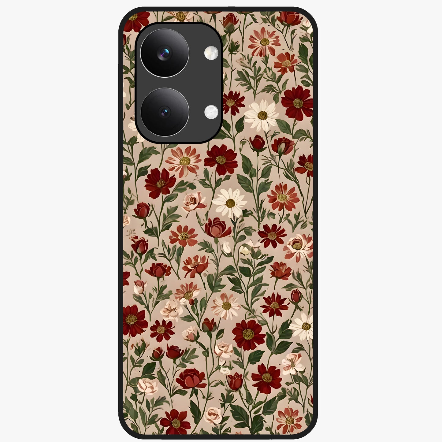 Biege Flower With Leaf Glass Case showing flat back view with soft beige floral artwork and glossy glass finish.