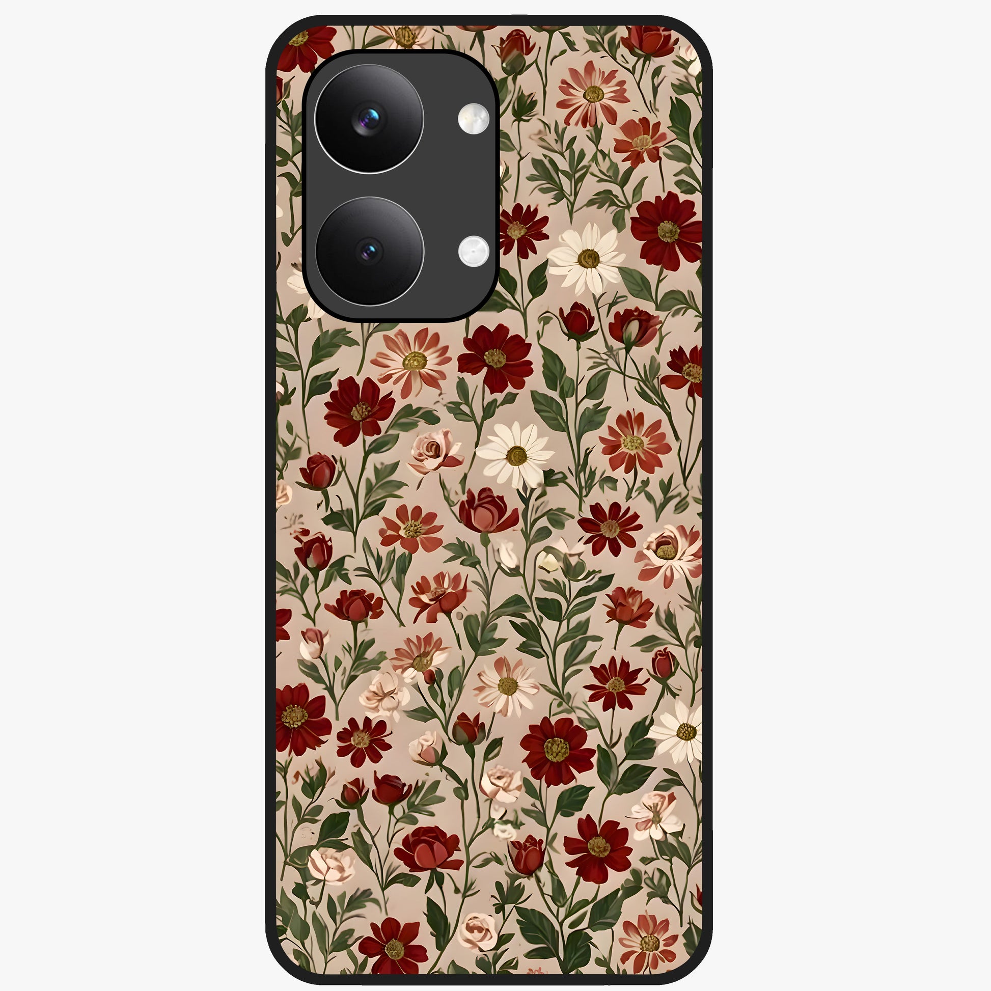 Biege Flower With Leaf Glass Case showing flat back view with soft beige floral artwork and glossy glass finish.