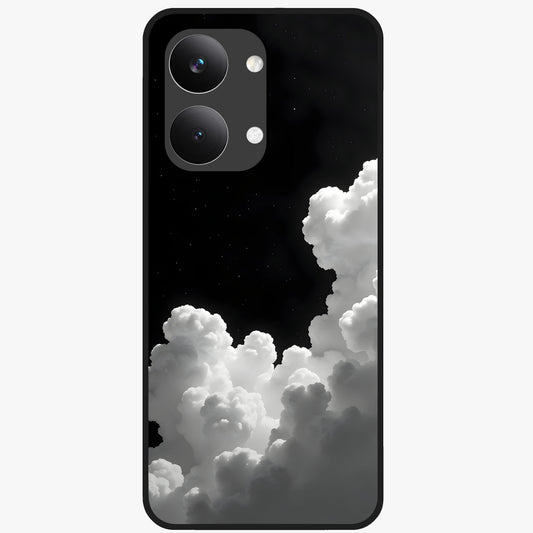 Black Background With White Cloud Glass Case showing flat back view with minimal cloud artwork on dark background and glossy glass finish.