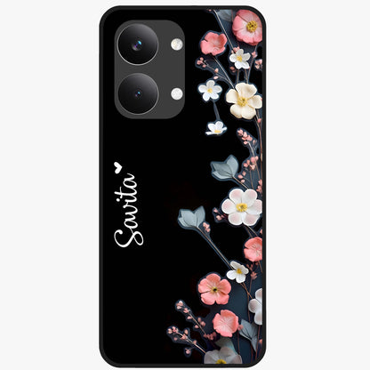 Black Elegance Floral Custom Name Glass Case showing flat back view with elegant floral artwork and personalized name design.