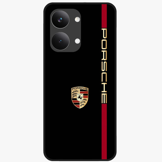 Black Minimal Porsche Glass Case showing flat back view with sleek minimal sports car artwork and glossy glass finish.