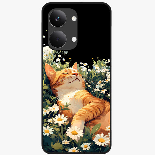 Blissful Bloom Cat Glass Case showing flat back view with cute cat and floral bloom artwork and glossy glass finish.