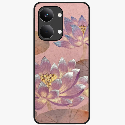 Blossom Mist Lotus Glass Case showing flat back view with serene lotus blossom artwork and glossy glass finish.
