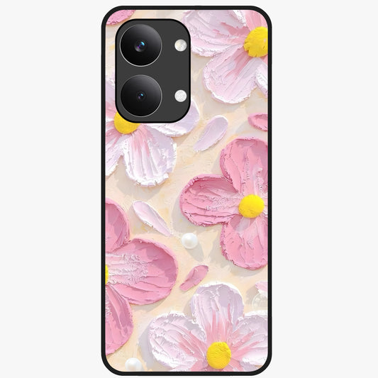 Blush Bloom Texture Glass Case showing flat back view with soft blush floral texture artwork and glossy glass finish.