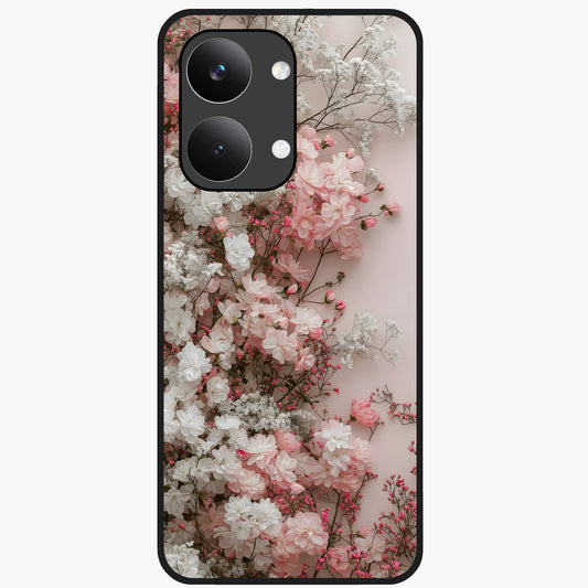 Blush Blossom Cloud Glass Case showing flat back view with dreamy blush cloud blossom artwork and glossy glass finish.