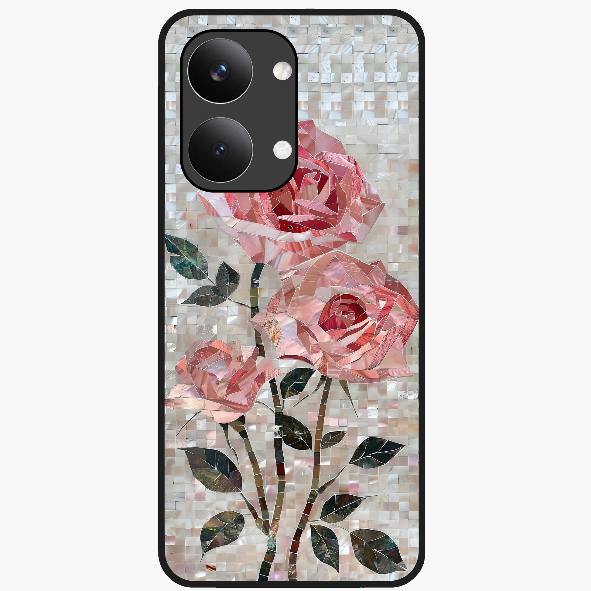 Blush Mosaic Bloom Glass Case showing flat back view with mosaic floral bloom artwork and glossy glass finish.