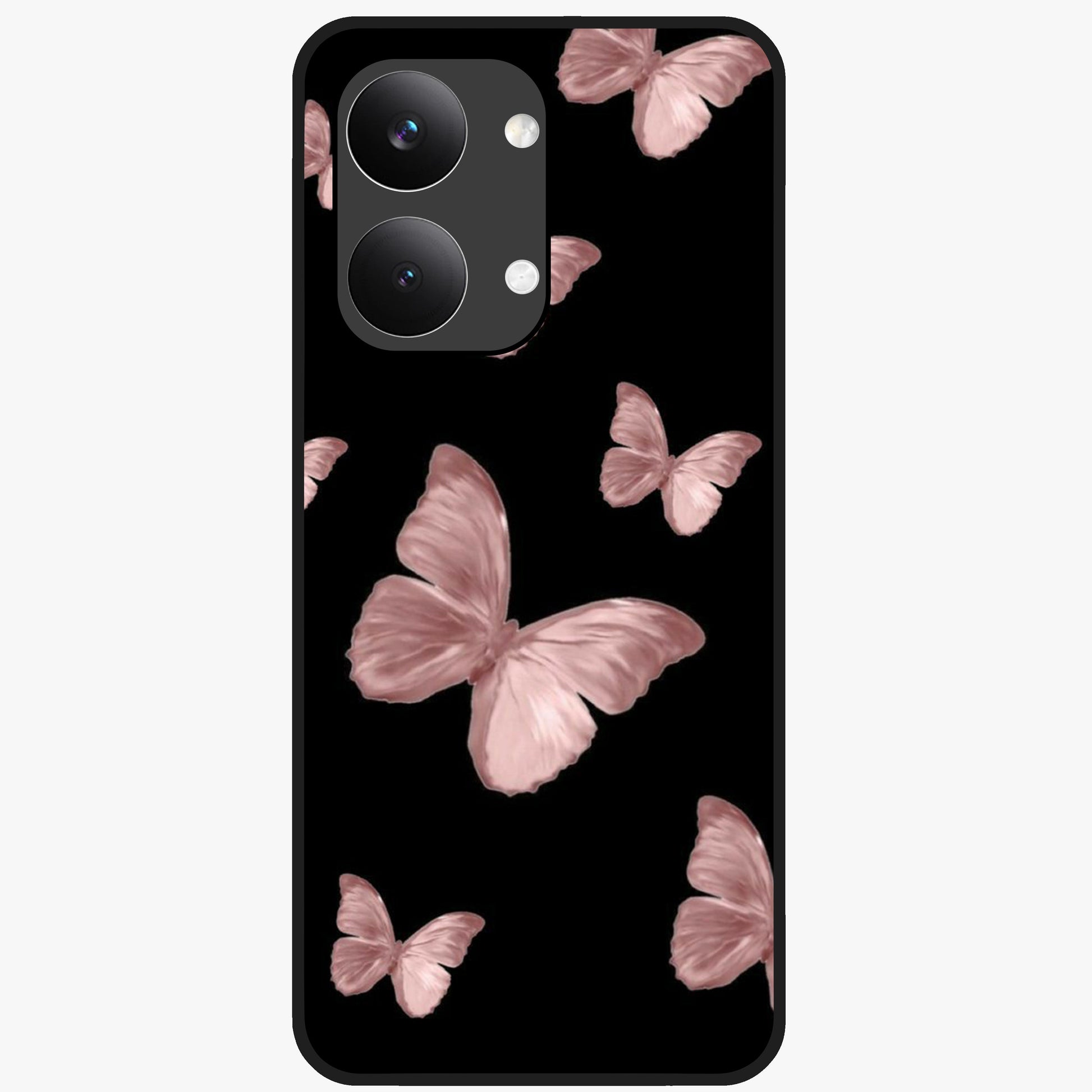 Butterfly Pattern Glass Case showing flat back view with elegant butterfly pattern artwork and glossy glass finish.