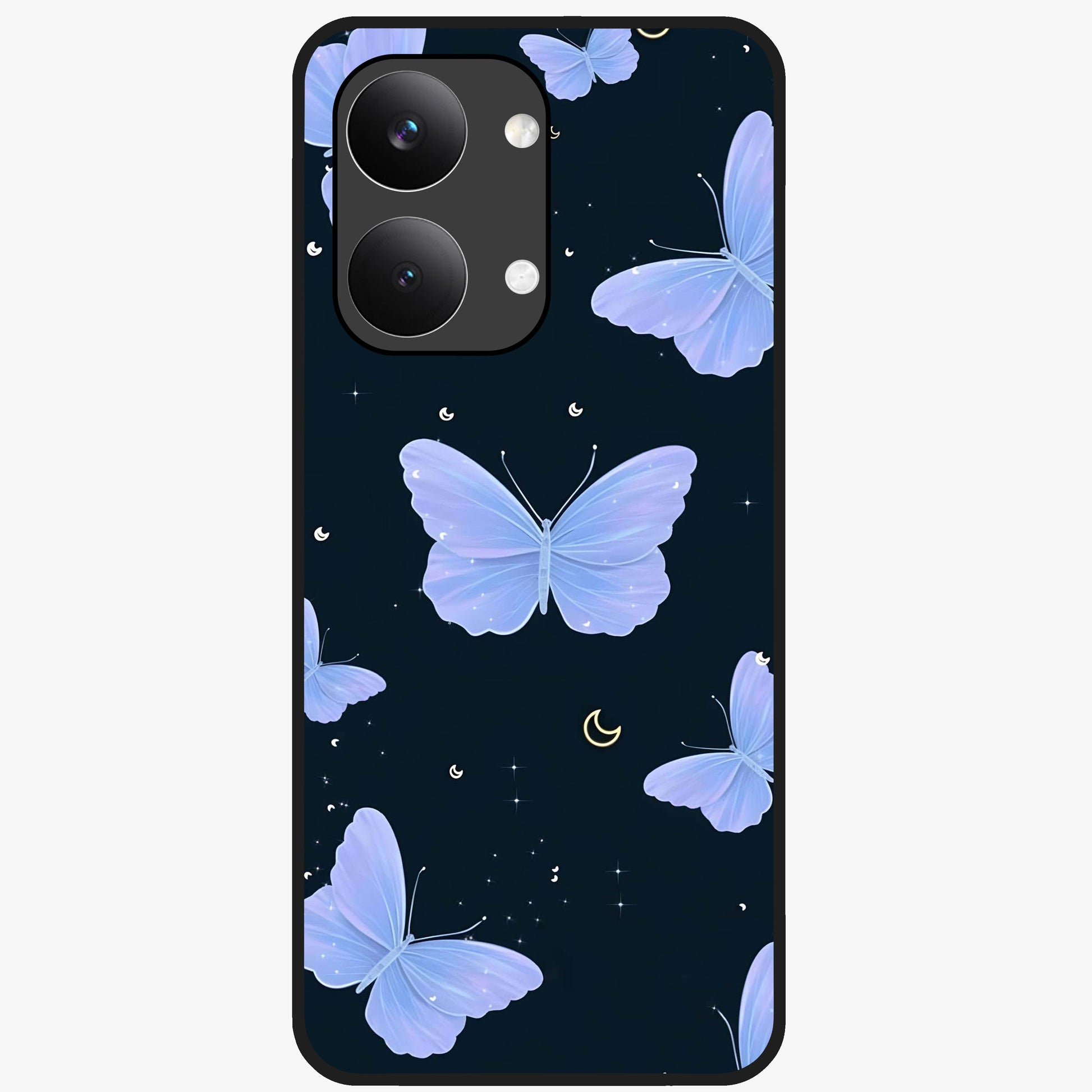 Butterfly With Stars Pattern Glass Case showing flat back view with butterfly and star pattern artwork and glossy glass finish.
