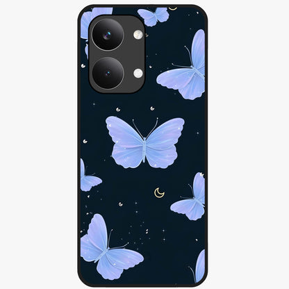 Butterfly With Stars Pattern Glass Case showing flat back view with butterfly and star pattern artwork and glossy glass finish.