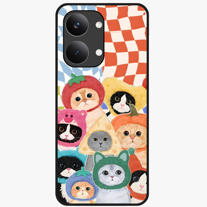 Cats in Fruits Glass Case showing flat back view with playful cat illustrations inside fruit artwork and glossy glass finish.