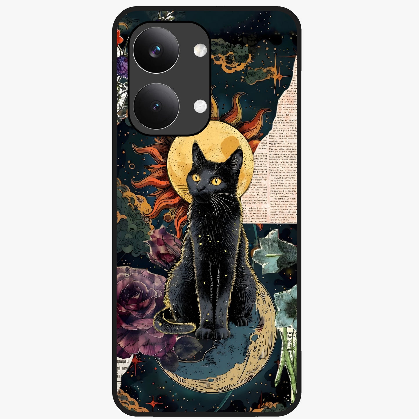 Celestial Black Cat Glass Case showing flat back view with mystical black cat artwork and glossy glass finish.