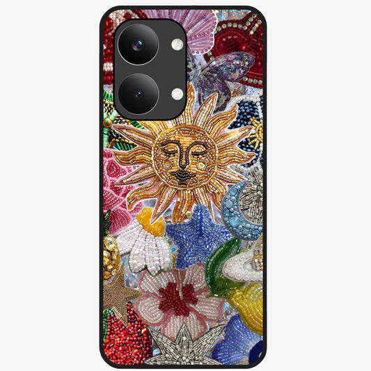 Celestial Floral and Playful Glass Case showing flat back view with floral and celestial themed artwork and glossy glass finish.