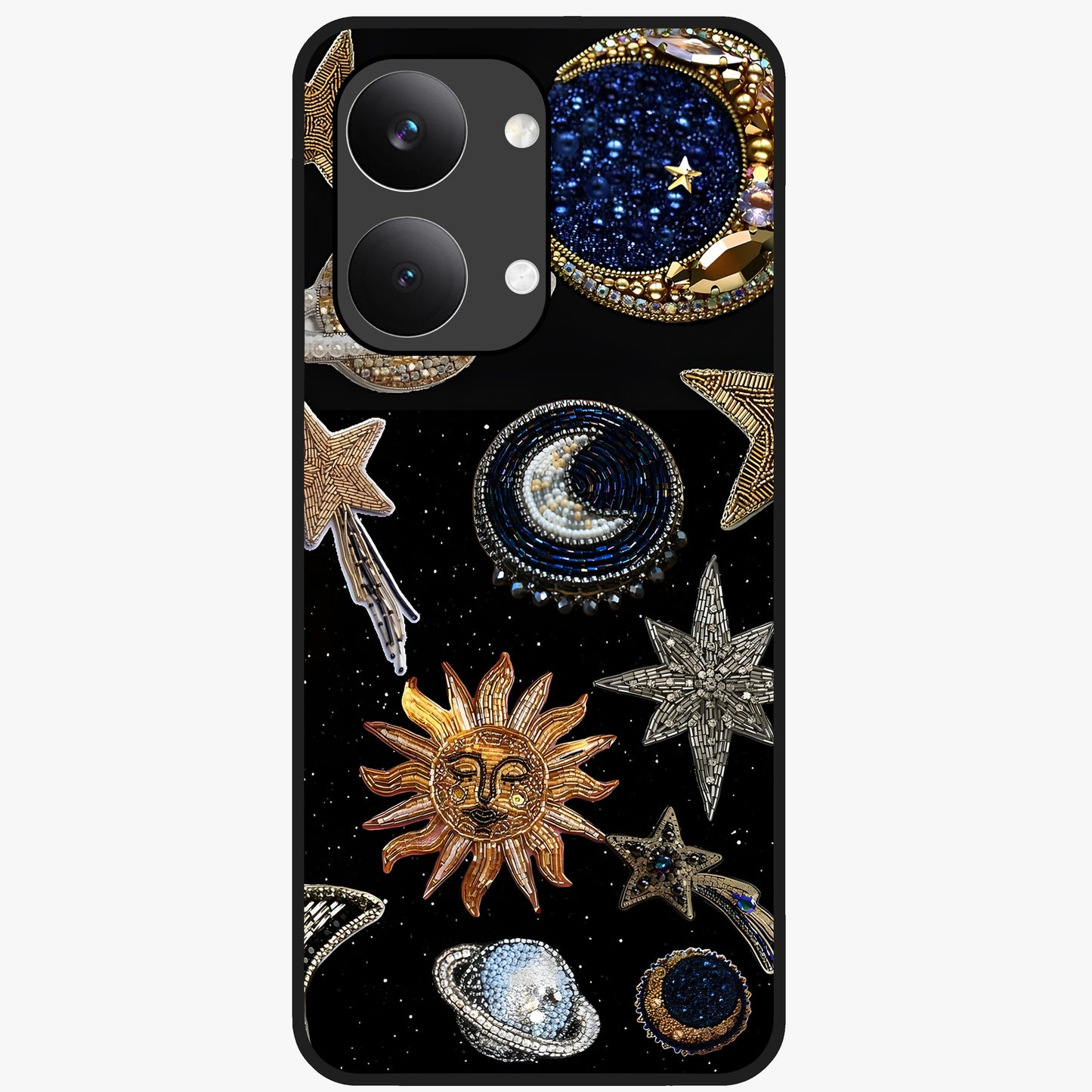 Celestial Gem Constellations Glass Case showing flat back view with sparkling constellation artwork and glossy glass finish.