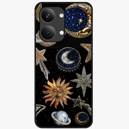 Celestial Gem Constellations Glass Case showing flat back view with sparkling constellation artwork and glossy glass finish.