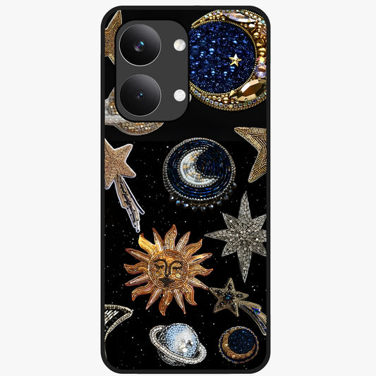 Celestial Gem Constellations Glass Case showing flat back view with sparkling constellation artwork and glossy glass finish.