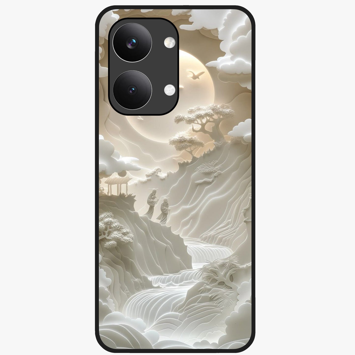 Celestial Origami Glass Case showing flat back view with artistic origami inspired celestial artwork and glossy glass finish.