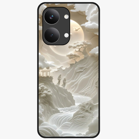 Celestial Origami Glass Case showing flat back view with artistic origami inspired celestial artwork and glossy glass finish.