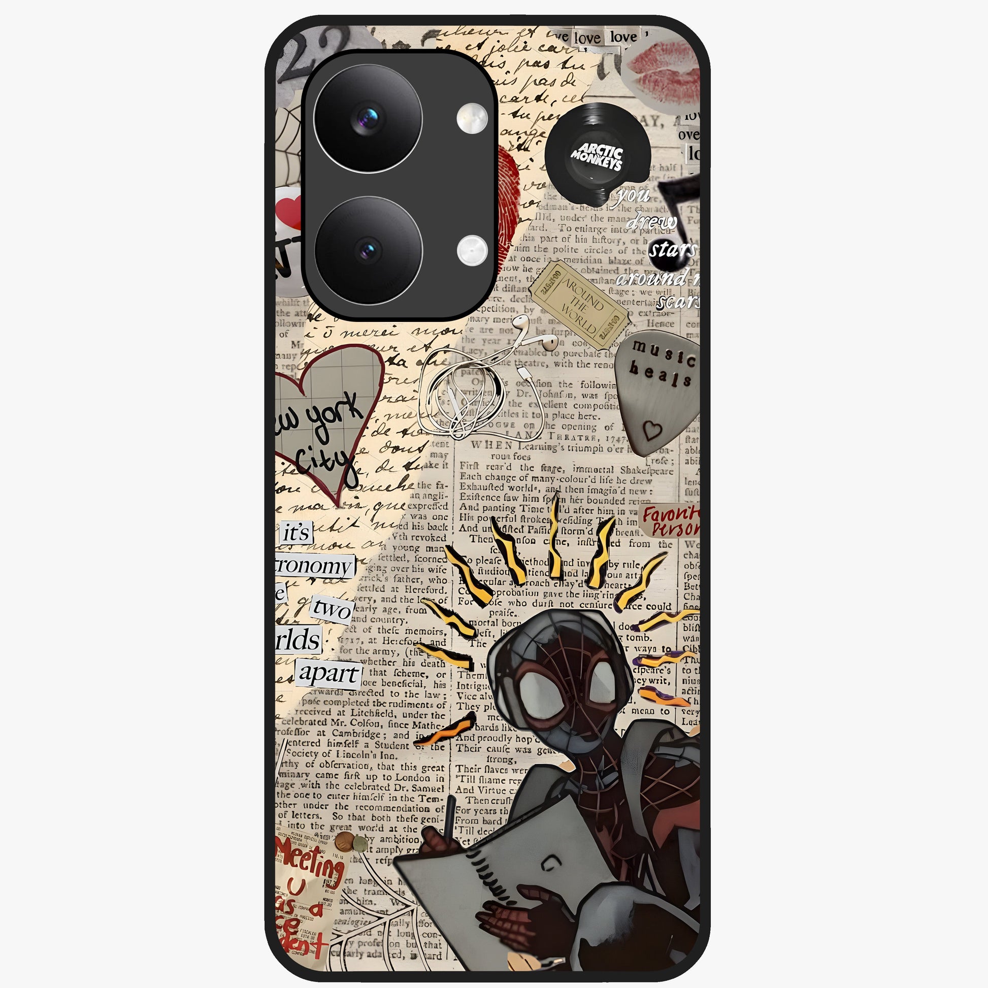 City Dream Sketch Glass Case showing flat back view with artistic city skyline sketch artwork and glossy glass finish.
