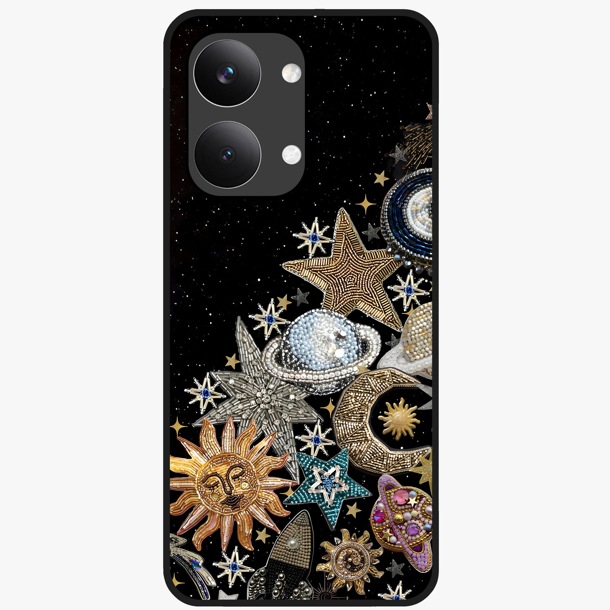 Cosmic Sparkle Dreams Glass Case showing flat back view with sparkling cosmic artwork and glossy glass finish.