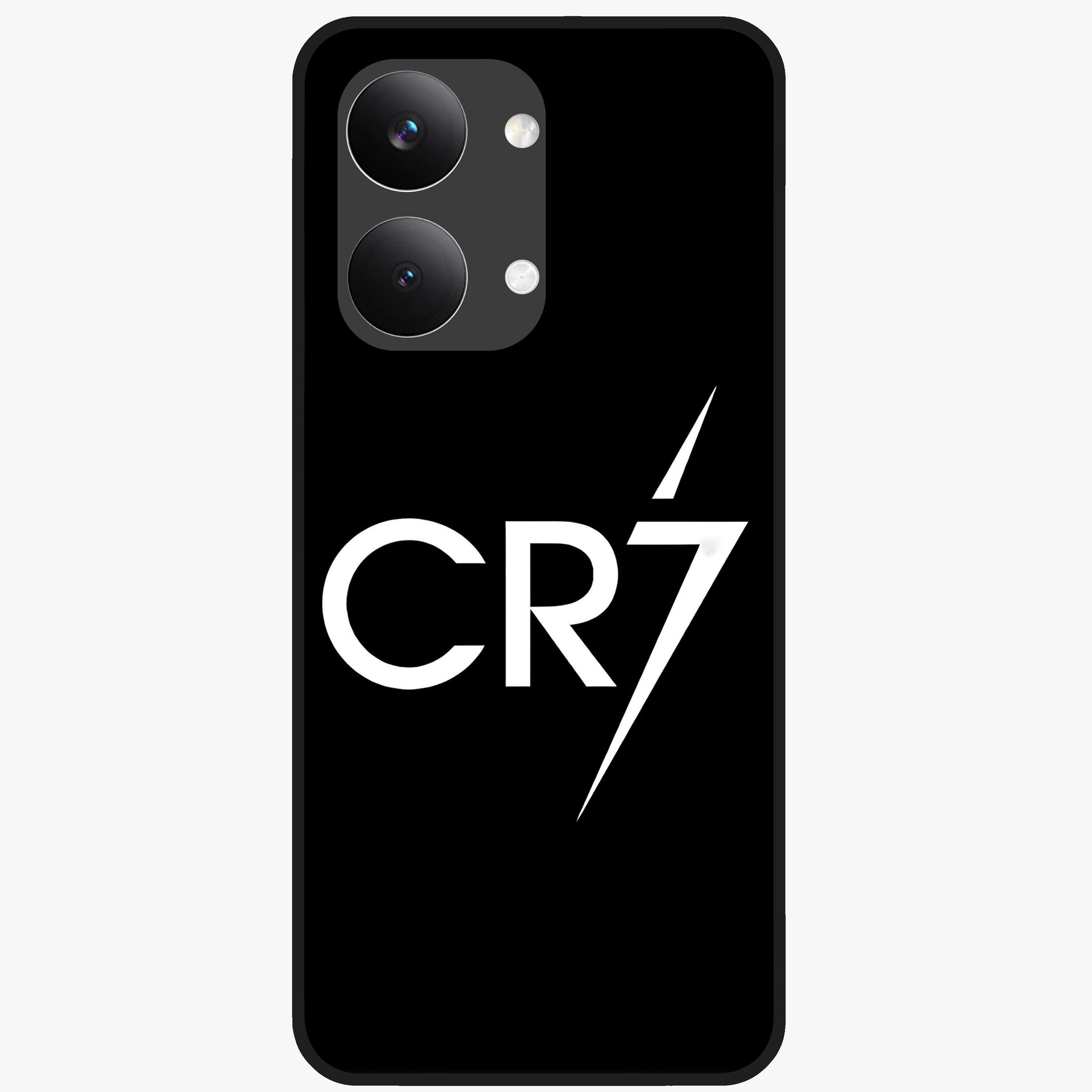 Cr7 Elite Strike Glass Case showing flat back view with dynamic football inspired artwork and glossy glass finish.
