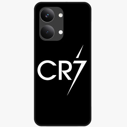 Cr7 Elite Strike Glass Case showing flat back view with dynamic football inspired artwork and glossy glass finish.