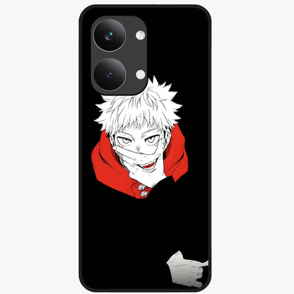 Crimson Chaos Smile Glass Case showing flat back view with bold chaotic smile artwork and glossy glass finish.
