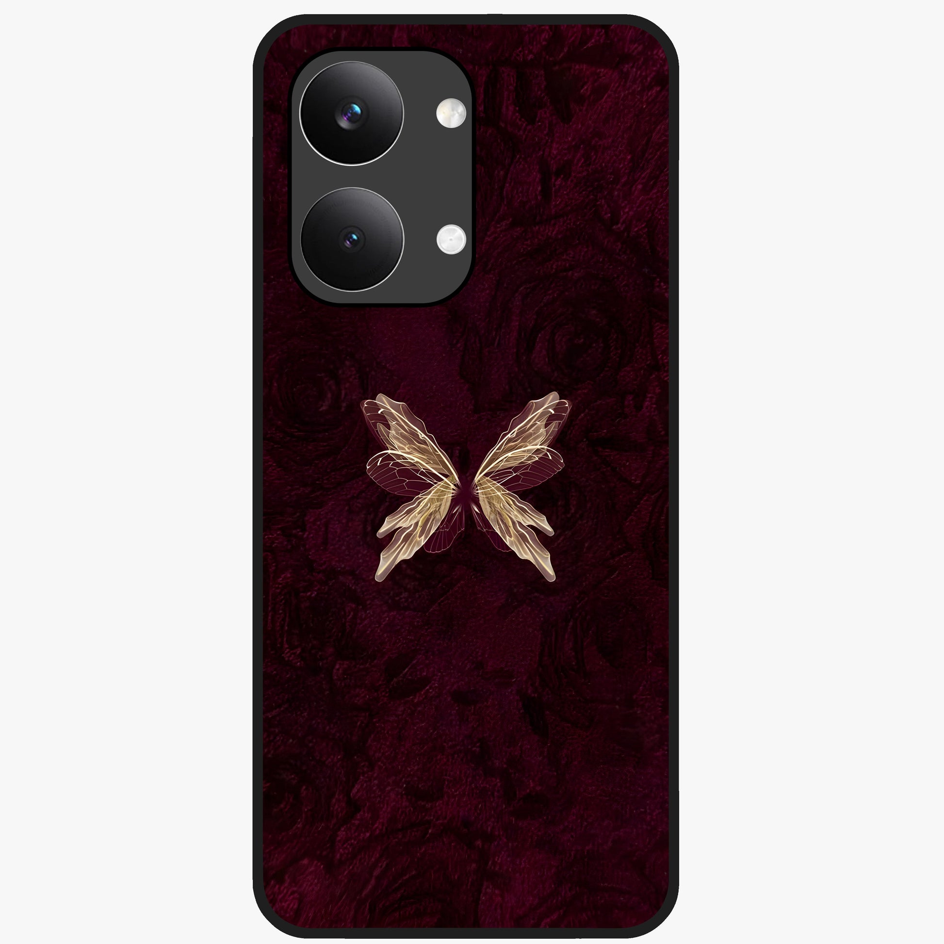 Crimson Fade Butterfly Glass Case showing flat back view with fading butterfly artwork and glossy glass finish.