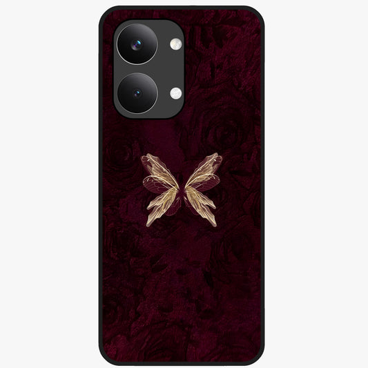 Crimson Fade Butterfly Glass Case showing flat back view with fading butterfly artwork and glossy glass finish.