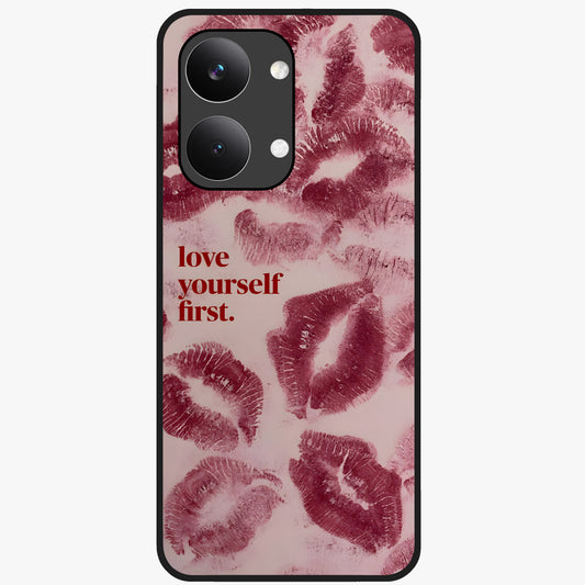 Crimson Kiss Love Glass Case showing flat back view with romantic crimson themed artwork and glossy glass finish.
