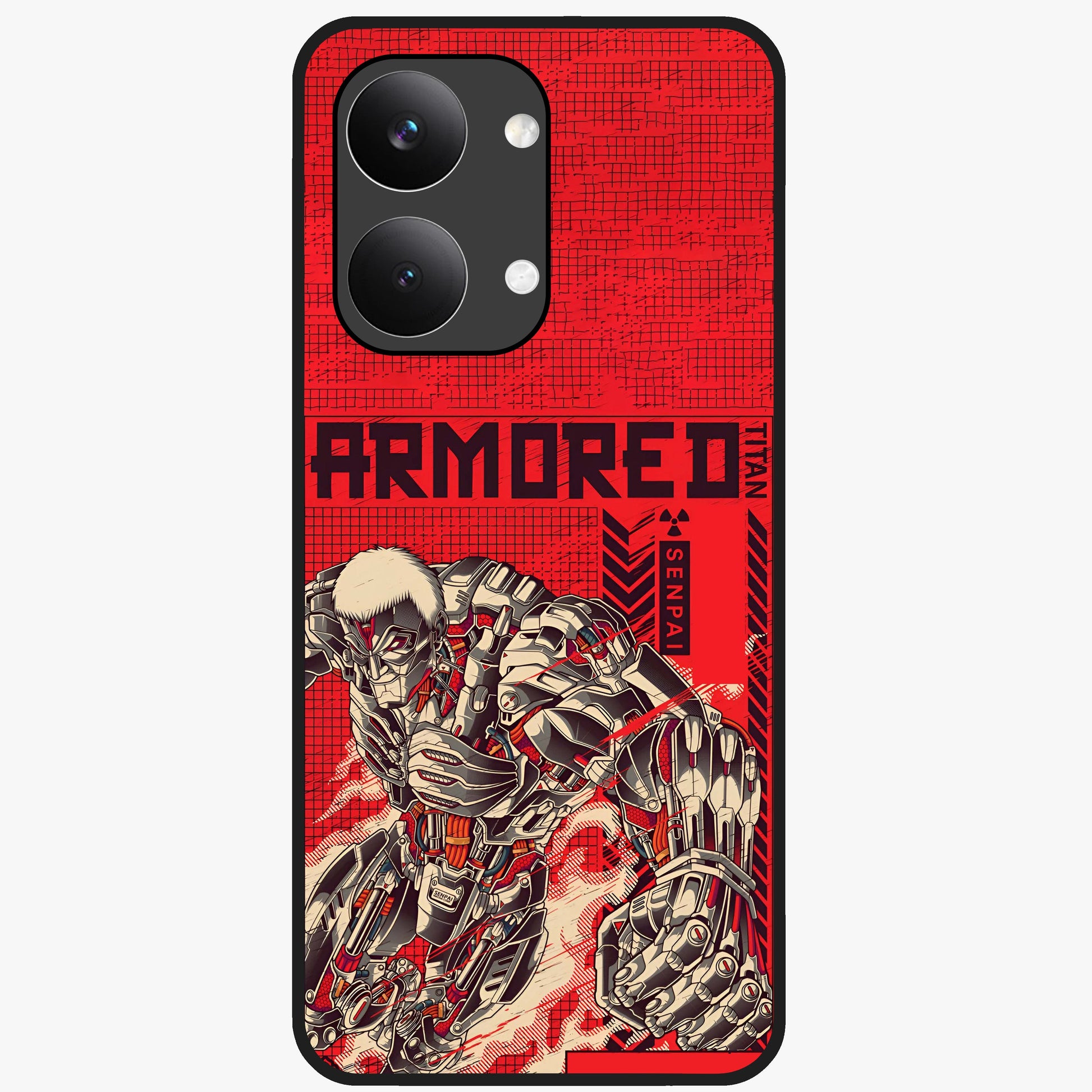 Crimson Mecha Titan Glass Case showing flat back view with powerful mech titan artwork and glossy glass finish.