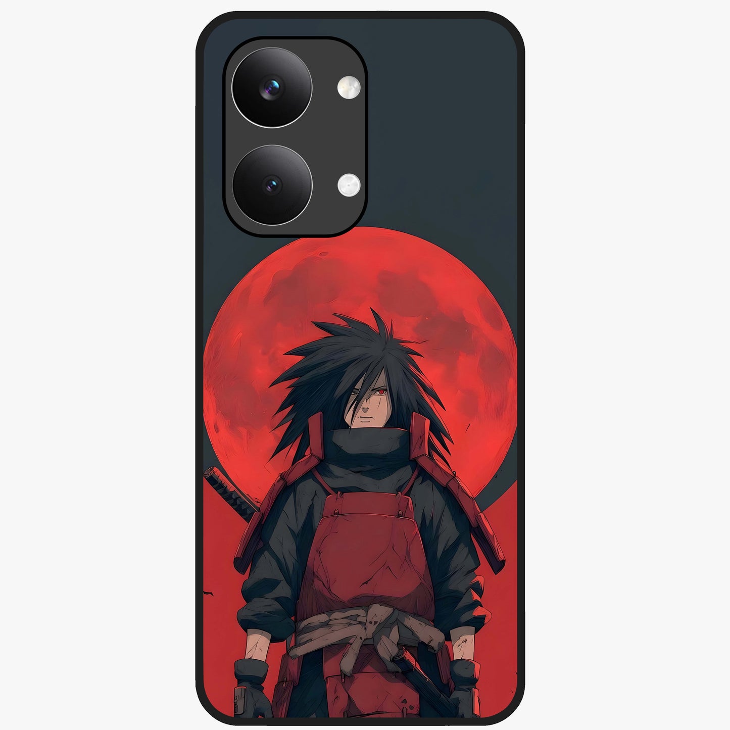 Crimson Moon Warlord Glass Case showing flat back view with mystical moon warrior artwork and glossy glass finish.