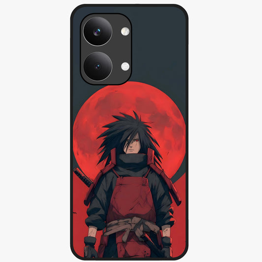 Crimson Moon Warlord Glass Case showing flat back view with mystical moon warrior artwork and glossy glass finish.
