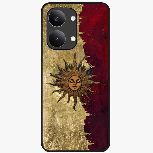 Crimson Sun Majesty Glass Case showing flat back view with radiant sun inspired artwork and glossy glass finish.