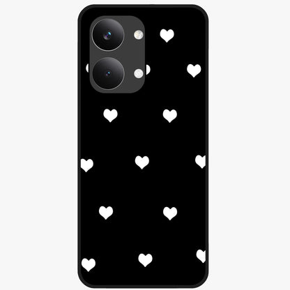 Cute And Simple White Hearts Glass Case showing flat back view with minimal white heart pattern and glossy glass finish.