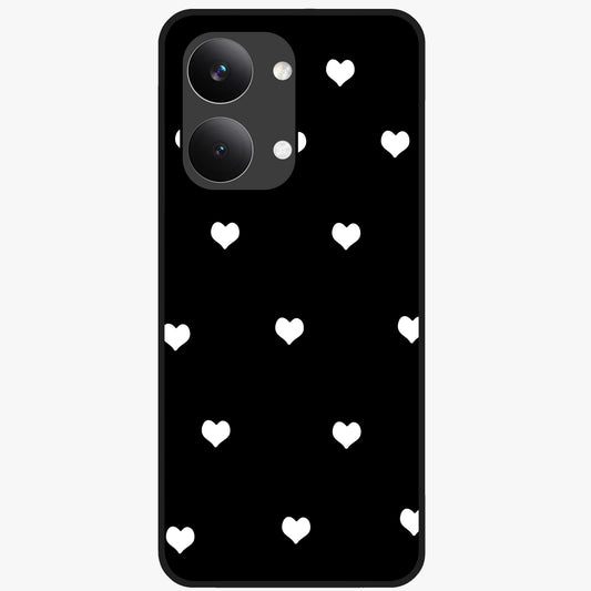 Cute And Simple White Hearts Glass Case showing flat back view with minimal white heart pattern and glossy glass finish.
