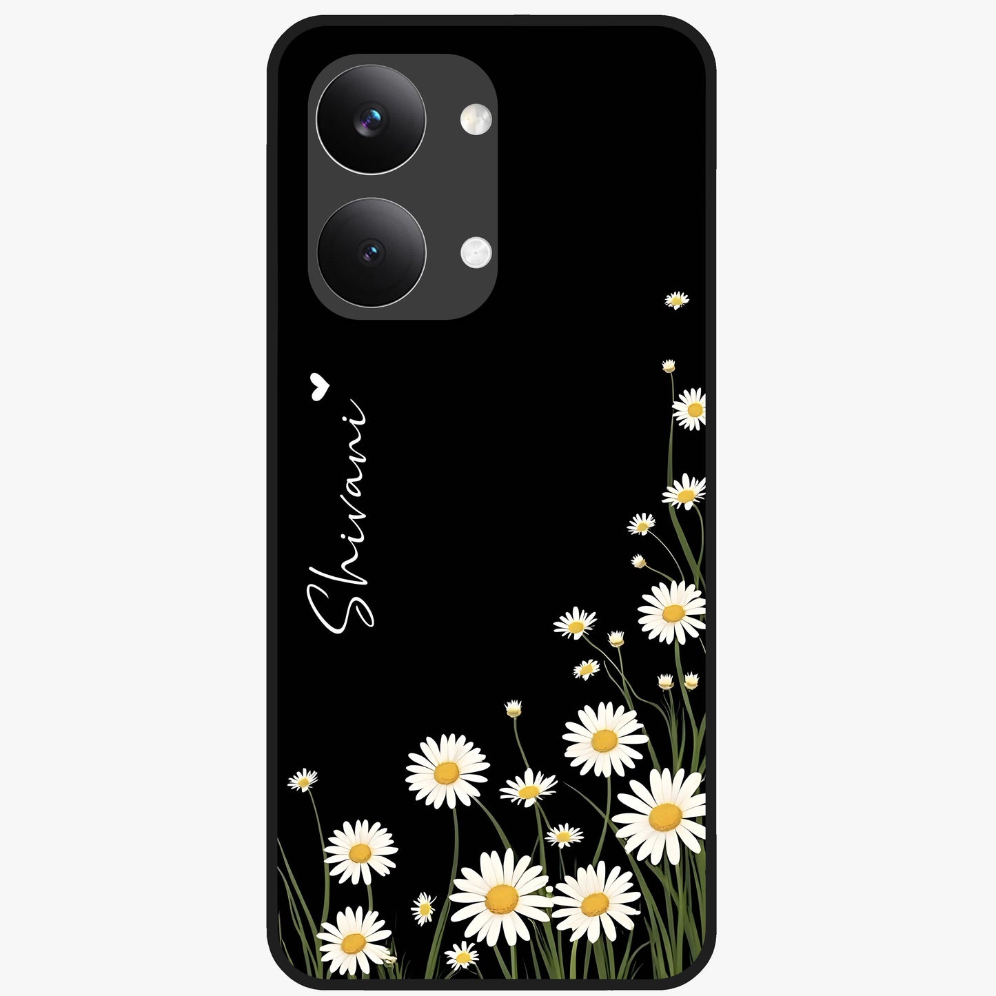 Daisy Cascade Custom Name Glass Case showing flat back view with cascading daisy flowers and personalized name design.